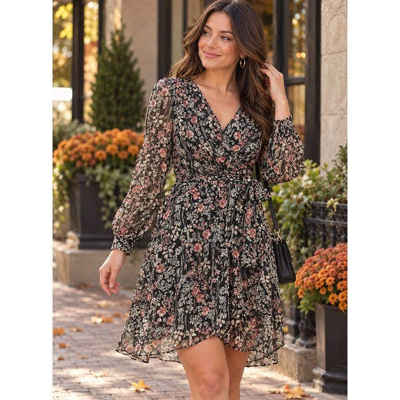 Tommy Hilfiger Dresses & Skirts - NEW Tommy Hilfiger Floral Metallic Chiffon V-Neck Dress Black Pink Size 10